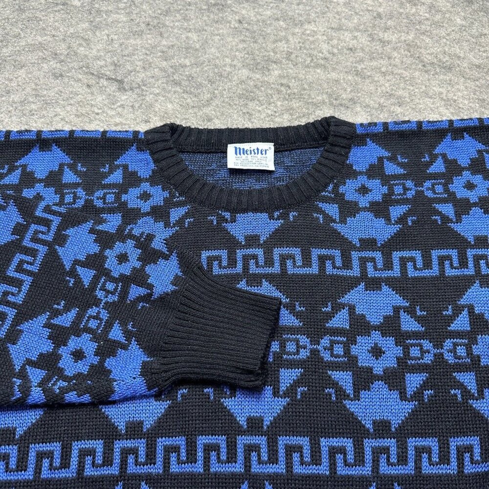Vintage Meister Sweater Men XL Blue Geometric Crew Wool Acrylic Pullover